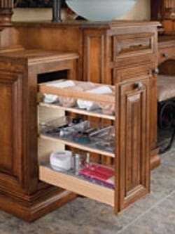 pullout bathroom organizer with adjustable shelves and bins